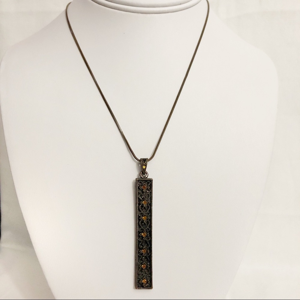 Rectangle Bar Pendant Necklace Amber Rhinestones - Picture 4 of 5